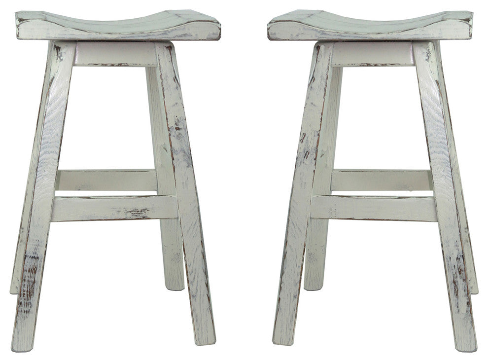 Swivel White Distressed Saddle Seat Bar Stool, Set of 2, 30"