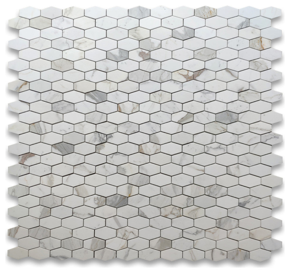 Calacatta Gold Marble 1-1/4x3 Elongated Hexagon Mosaic Tile Honed, 1 sheet