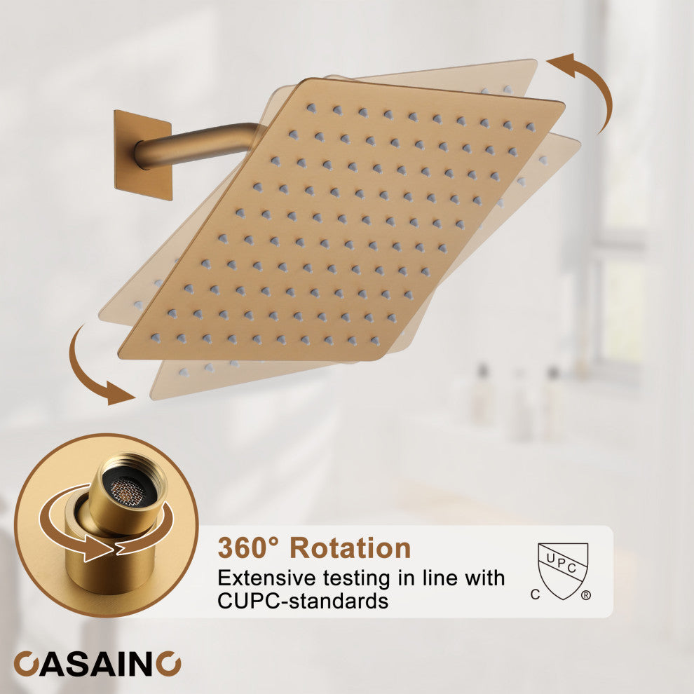 10inch Wall Mount Dual Function Rain Shower System with Tub Spout, Brushed Gold