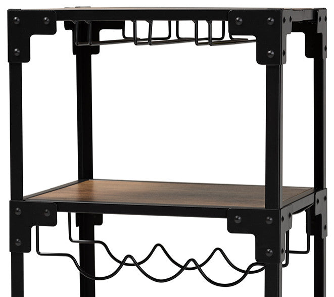 Industrial Rustic Walnut Finished Wood and Black Metal 4-Tier Mobile Wine Cart
