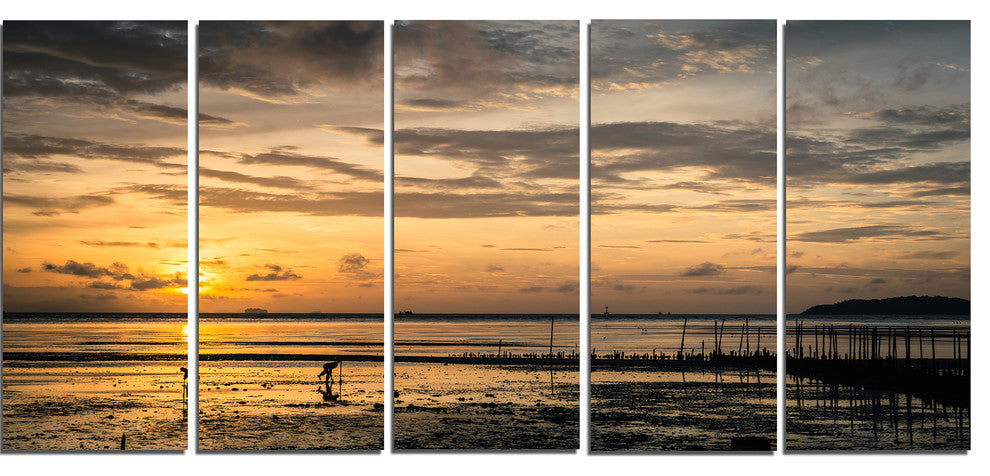 Dawn at Seaside during Low Tide, Modern Seashore Canvas Art, 60"x28", 5 Panels
