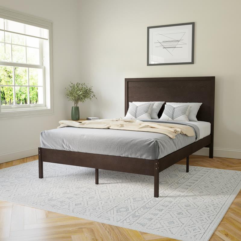 Asher Solid Wood Platform Bed with Wooden Slats and Headboard, Dark Brown, Full
