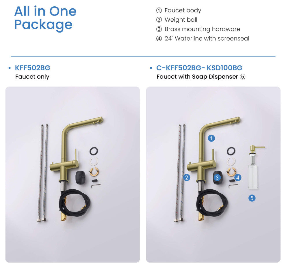 Circular 2-in-1 Water Filter Kitchen Pull Out Faucet, Brushed Gold