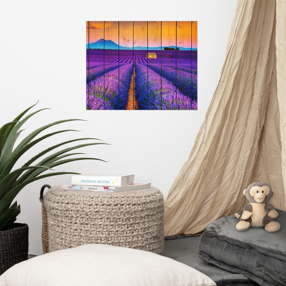 Faux Wood Lavender Fields and Sunset Landscape Unframed Wall Art Prints, 16" X 20"