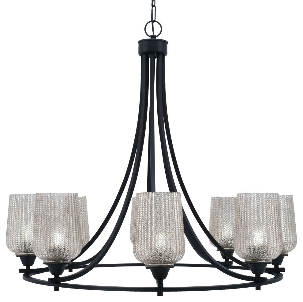 Paramount Uplight 8-Light Chandelier, Matte Black, 5" Silver Textured Glass