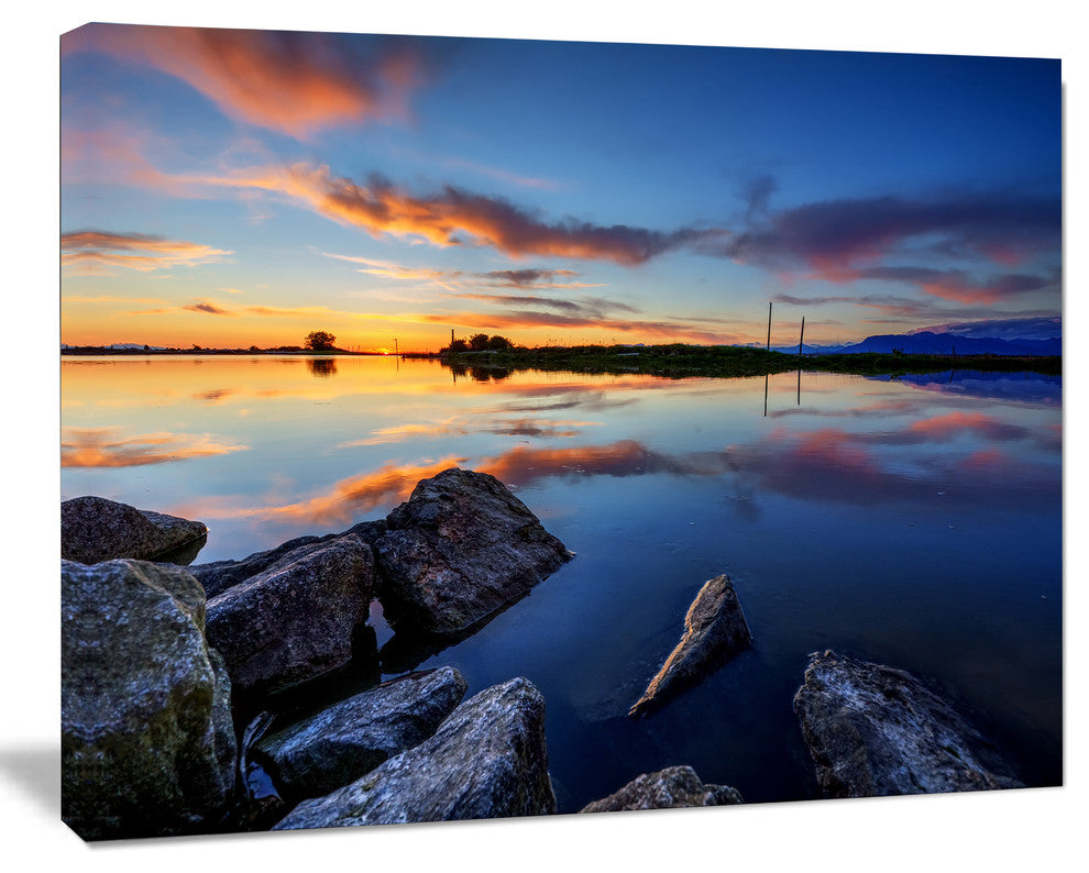 Beautiful Calm Water and Sunset, Large Landscape Canvas Art, 60"x28"