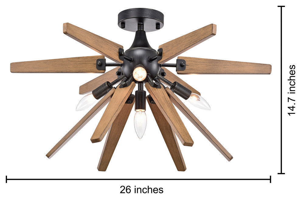 Kay 4-Light Antique Black Sputnik Natural Wood Flush Mount