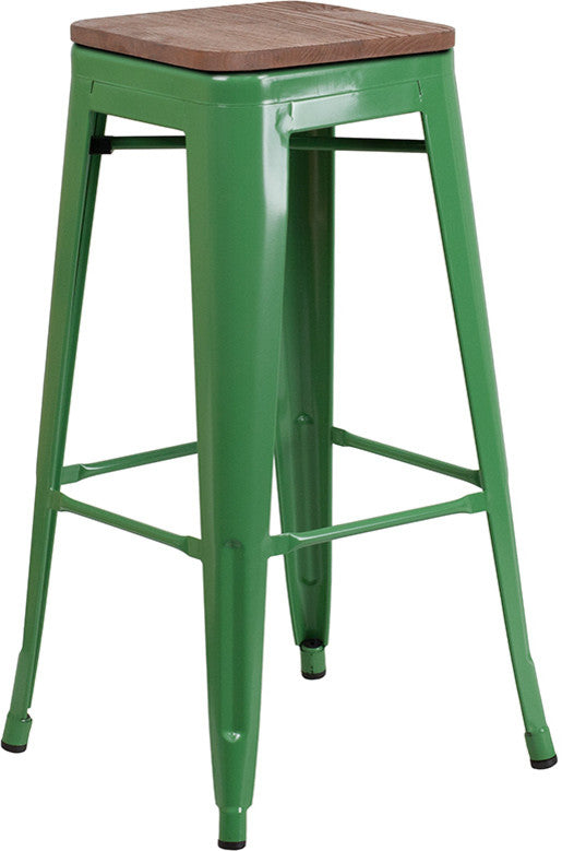 30" High Backless Green Metal Barstool With Square Wood Seat