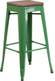 30" High Backless Green Metal Barstool With Square Wood Seat