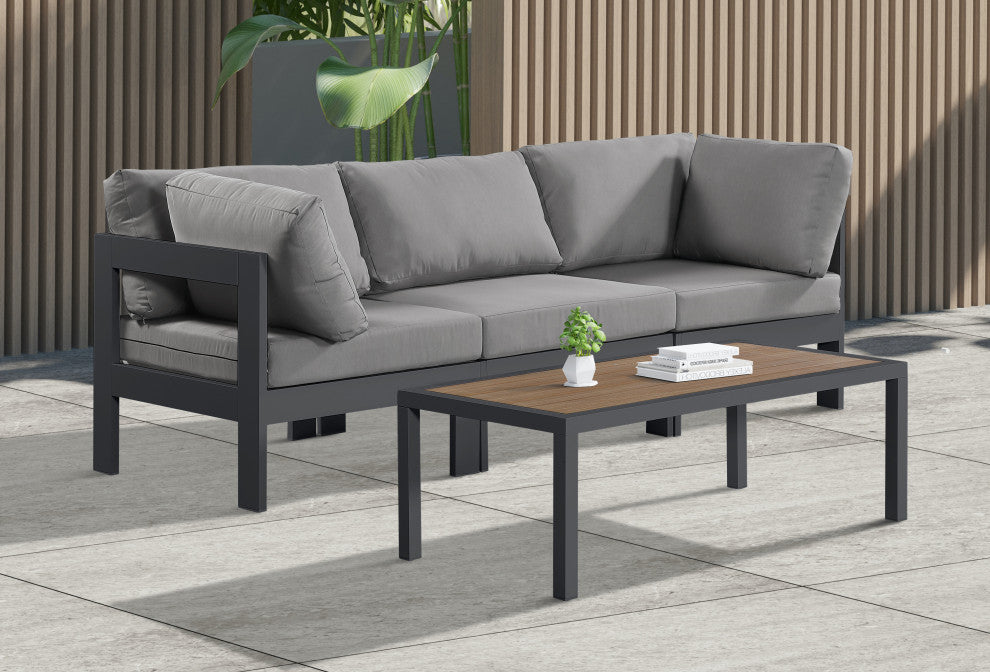 Nizuc Water Resistant Patio Modular Straight Sofa, Gray, 3-Piece: 1 Armless Chair, 2 Corner Chair, Dark Gray Aluminum Frame