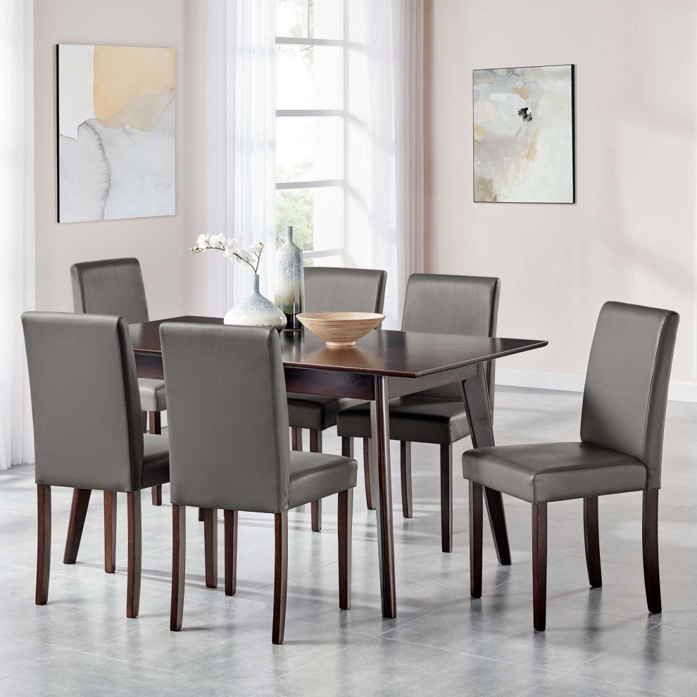 Side Dining Chair and Table Set, Faux Leather, Drak Brown Gray, Modern