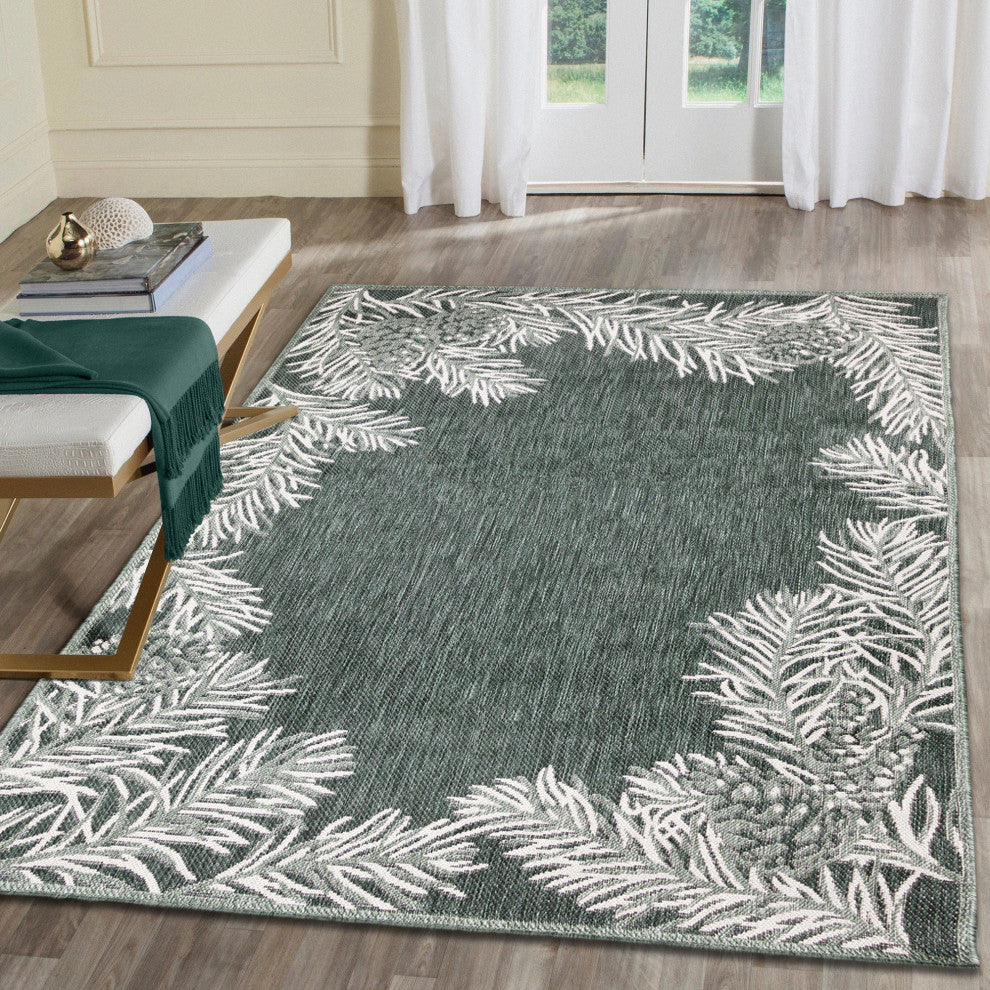 Malibu Pine Border Indoor/Outdoor Rug, Green, 8'10"x11'9"