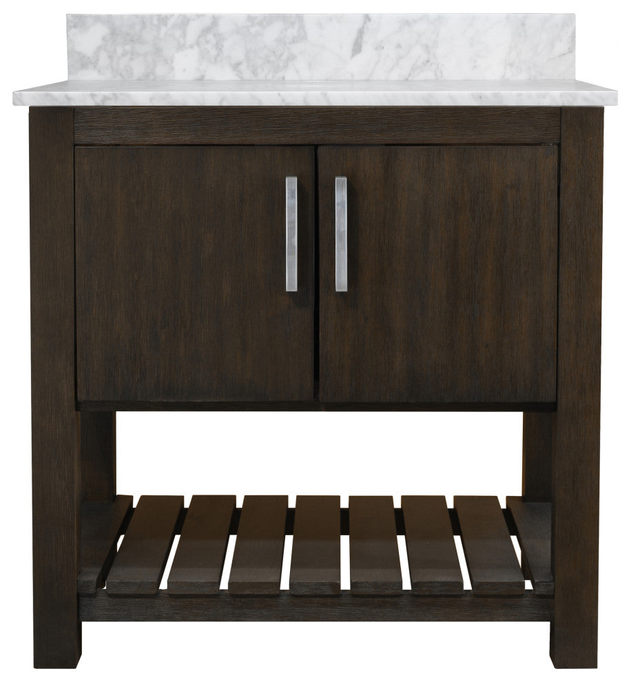 30" Vanity with Carrara White Marble Counter and BackSplash, Chrome, Without Mirror