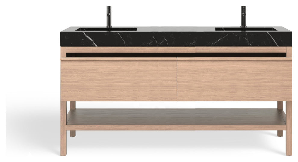 Shoji Bath Vanity, Whitewash Oak, 72", Double Sink, Freestanding