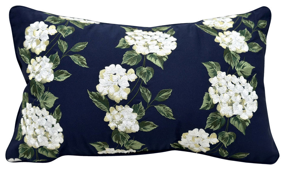 Navy Hydrangea Lumbar Indoor/Outdoor Throw Pillow