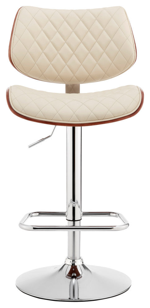 Leland Adjustable Faux Leather and Metal Bar Stool, Cream and Chrome