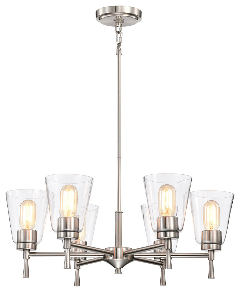 6-Light Brushed Nickel Modern Chandelier With Clear Cone Glass Shades