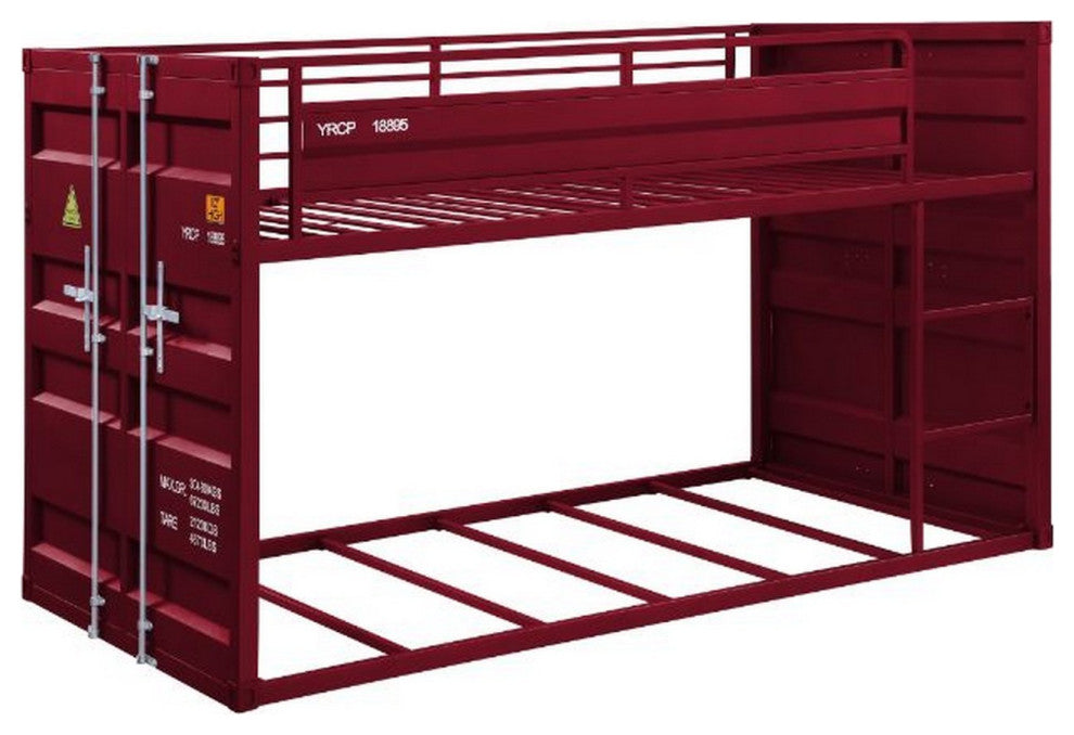 Benzara BM261753 Twin Over Twin Bunk Bed With Metal Frame and Cargo Theme, Red