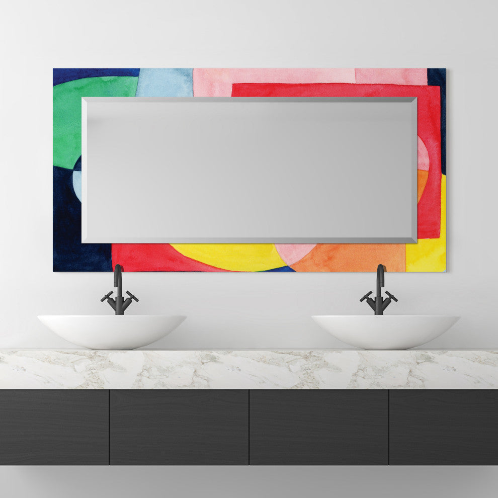 "Launder" Beveled Mirror on Printed Abstarct Tempered Art Glass, 54x28"