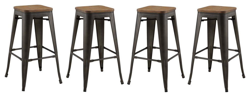 Bar Stool Chair Barstool, Set of 4, Wood, Metal, Brown, Modern, Bar Pub Bistro