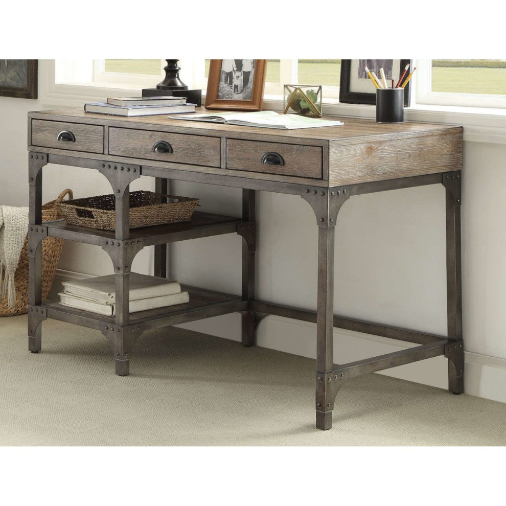 Desk with 3 Drawers, Weathered Oak and Antique Silver
