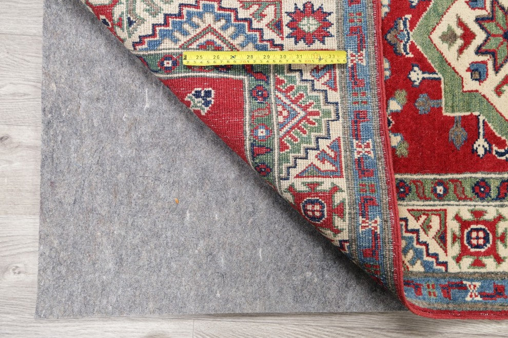 Hand Made Kazak Oriental Pakistani Traditional Runner Wool Rug, Red, 7'4"X2'10"