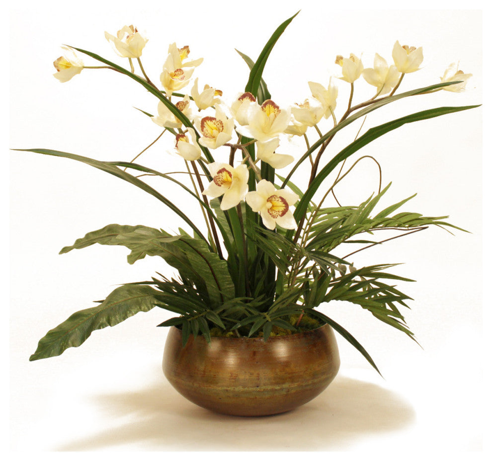 Cream Orchids with Purple Center in Metal Planter