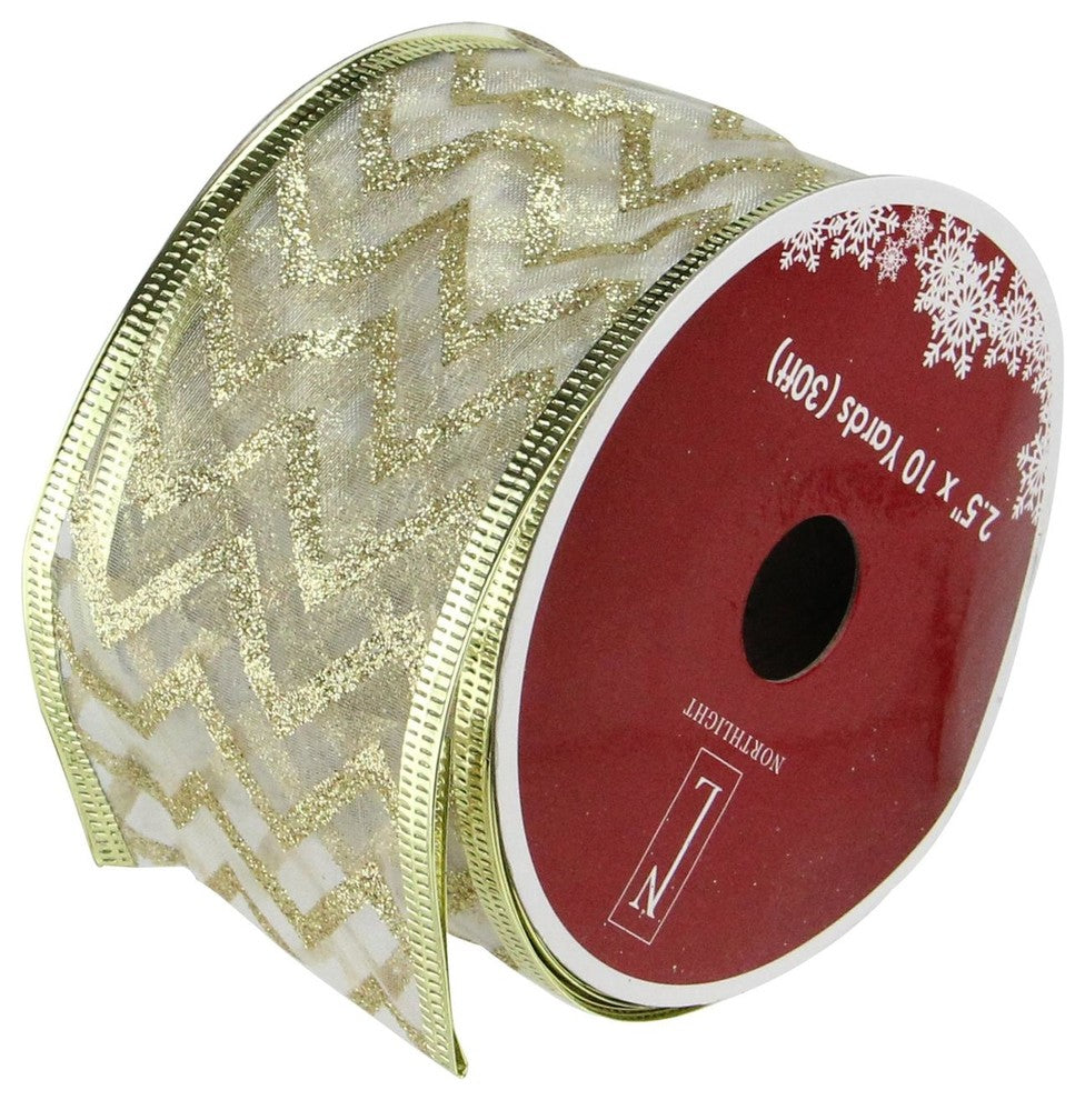 Green Chevron Print Wired Christmas Craft Ribbon