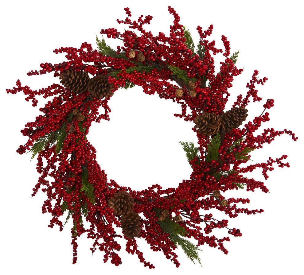 34" Cypress Artificial Wreath With Berries and Pine Cones