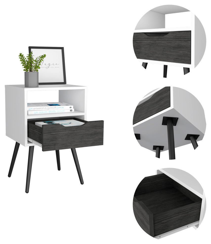 Allie Nightstand with Superior Top, Open Shelf, and Drawer, Smokey Oak/ White