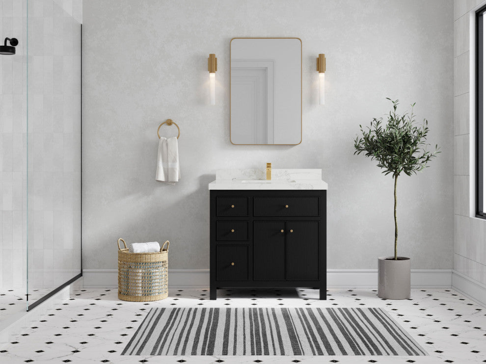 Sonoma 36 Center Sink Reeded Bath Vanity in Black 2" Calacatta Nuvo