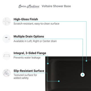 Voltaire 48"x36" Acrylic Black, Single-Threshold, Center Drain, Shower Base