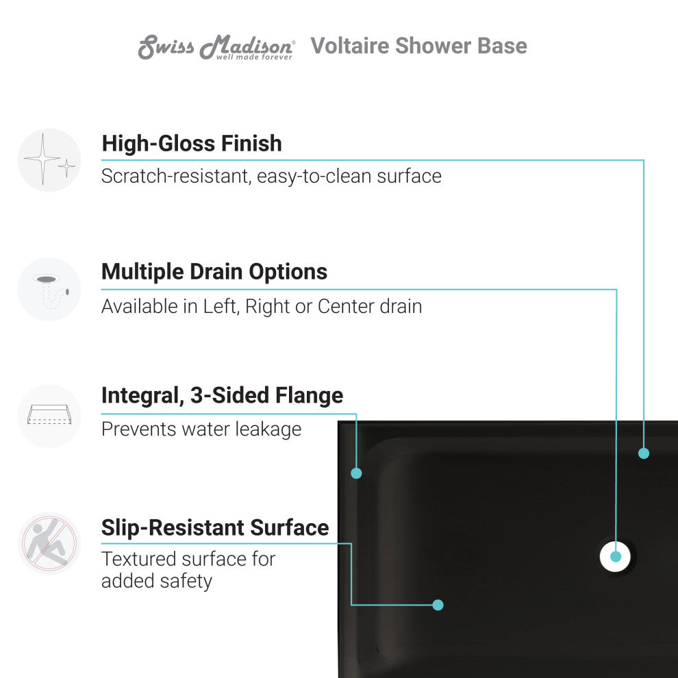 Voltaire 48"x36" Acrylic Black, Single-Threshold, Center Drain, Shower Base