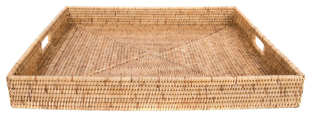 Artifacts Rattan™ Square Ottoman Tray with Cutout Handles, Honey Brown, 24"x24"