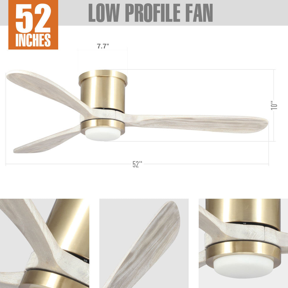 52 in Modern Dimmable Flush Mounted Ceiling fan with 3 Blades in Sand Copper