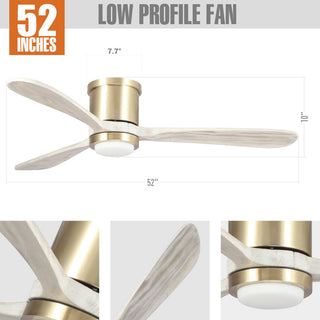 52 in Modern Dimmable Flush Mounted Ceiling fan with 3 Blades in Sand Copper
