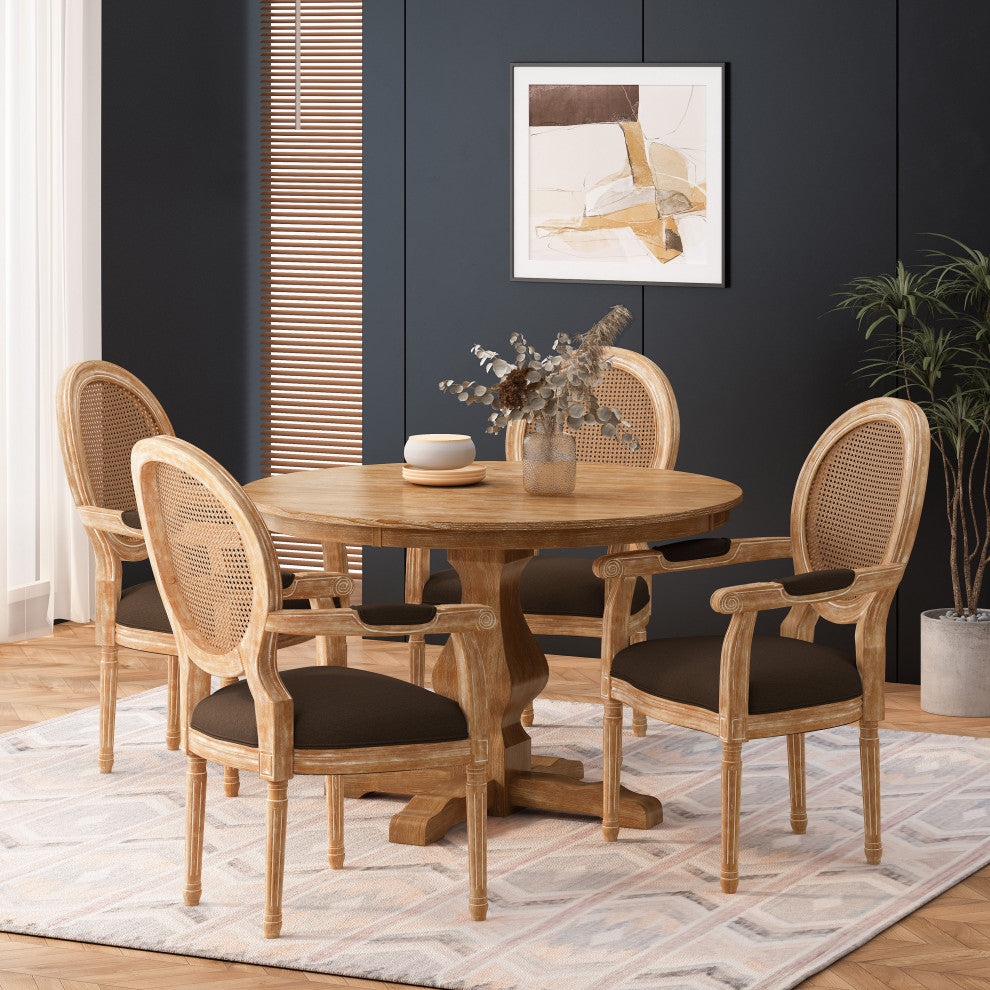 Bryan French Country Upholstered Wood and Cane 5-Piece Circular Dining Set, Natural/Brown