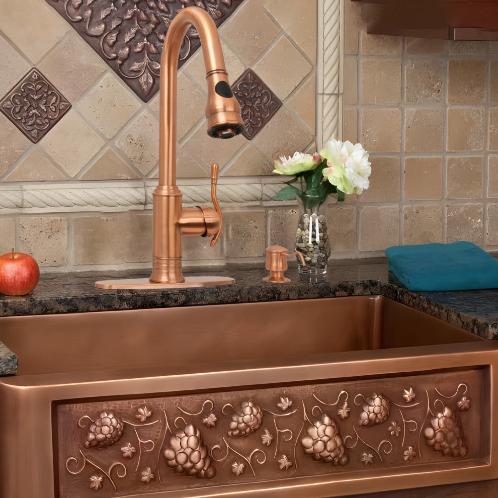 Copper Pull Down Kitchen Faucet With Soap Dispenser and Deck Plate, All, One