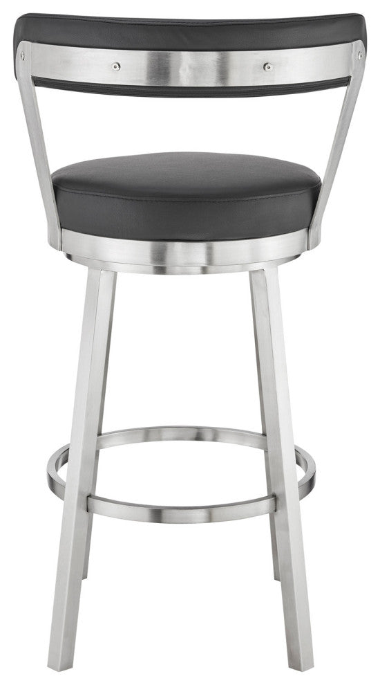 26" Chic Black Faux Leather With Stainless Steel Finish Swivel Bar Stool