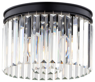 Allerton 3-Light Matte Black Modern Drum Flush Mount Fixture Crystal Prism Shade