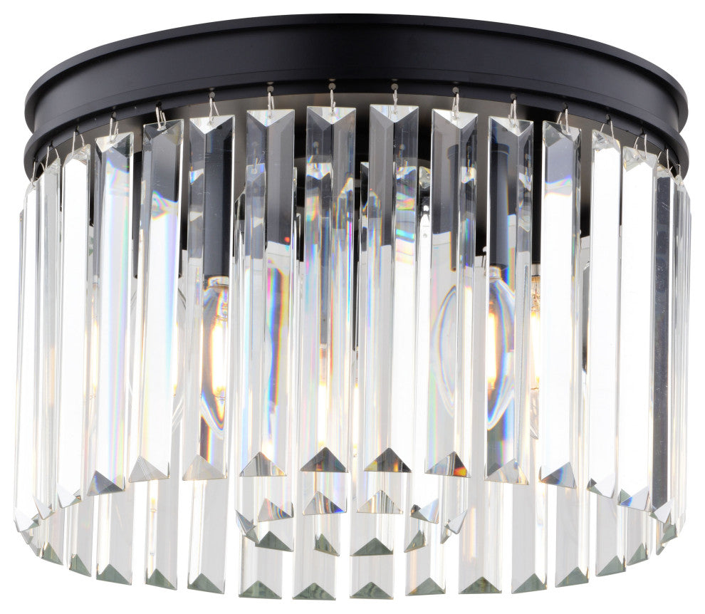 Allerton 3-Light Matte Black Modern Drum Flush Mount Fixture Crystal Prism Shade