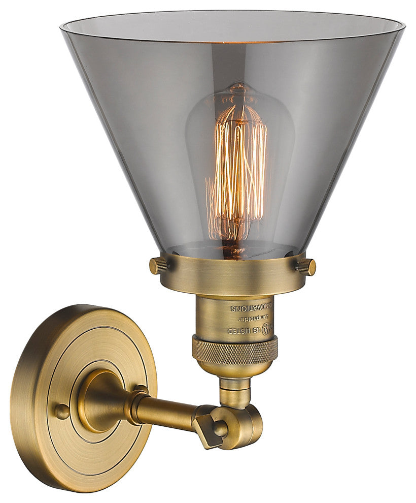 Large Cone 1-Light Sconce, Smoked Glass, Brushed Brass