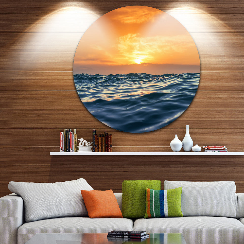 Blue Waves Dancing At Yellow Sunset, Beach Round Wall Art, 23"