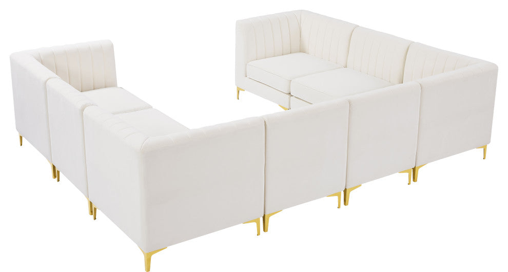 Alina Velvet Modular U-Shaped Sectional, Cream, 8-Piece: 4 Armless Chair, 4 Corner Chair