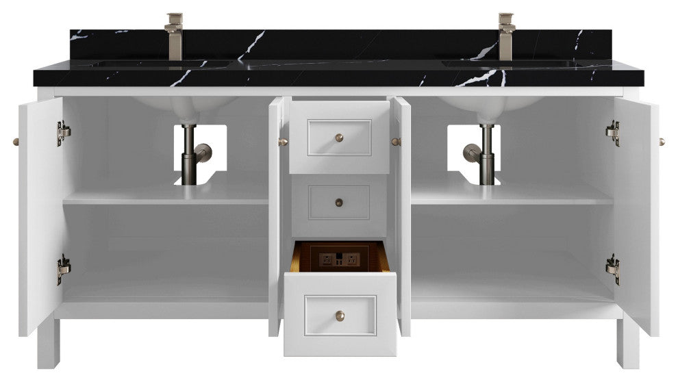 Nashville 72" Double Sink Bath Vanity, White 2" Calacatta Black