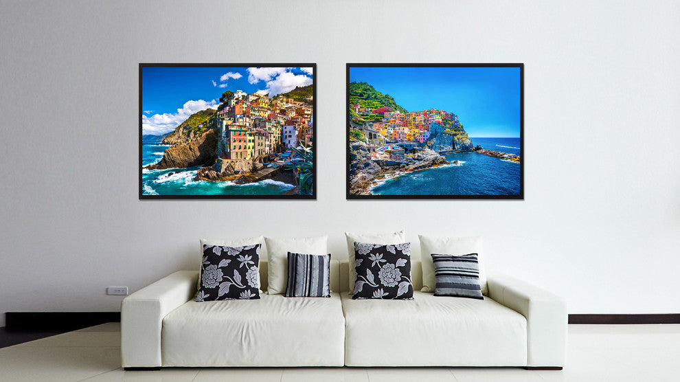 Cinque Terre Mediterranean Sea Italy Landscape Canvas Print, Framed, 13"x17"