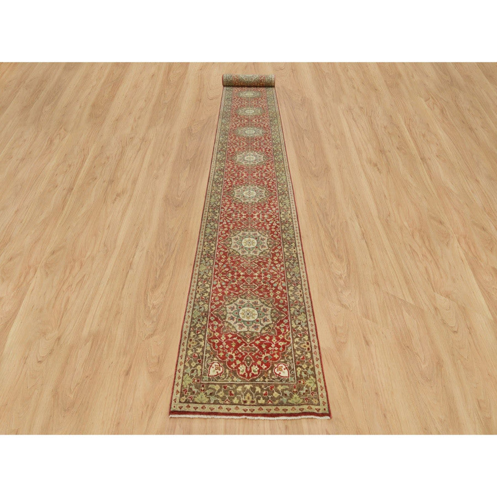 Cherry Red All Wool Haji Jalili Design Hand Knotted XL Runner Rug, 2'7"x22'