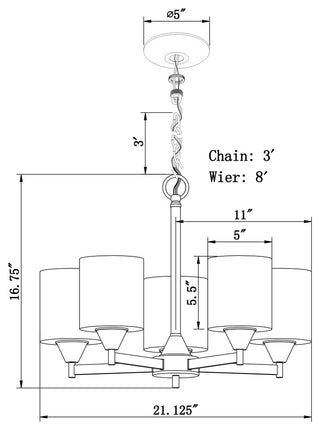 5 Light Chandelier, Antique Bronze, White Glass