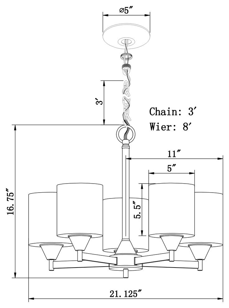 5 Light Chandelier, Antique Bronze, White Glass