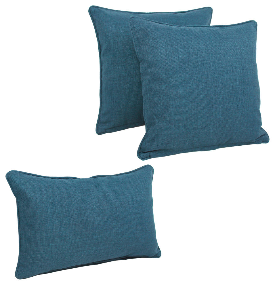 Double-Corded Solid Outdoor Throw Pillows With Inserts, Set of 3, Sea Blue